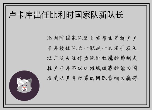 卢卡库出任比利时国家队新队长